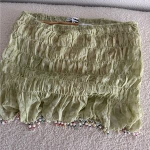 Fashion Nova Pale Green Smocked Mini Skirt with Beaded Trim